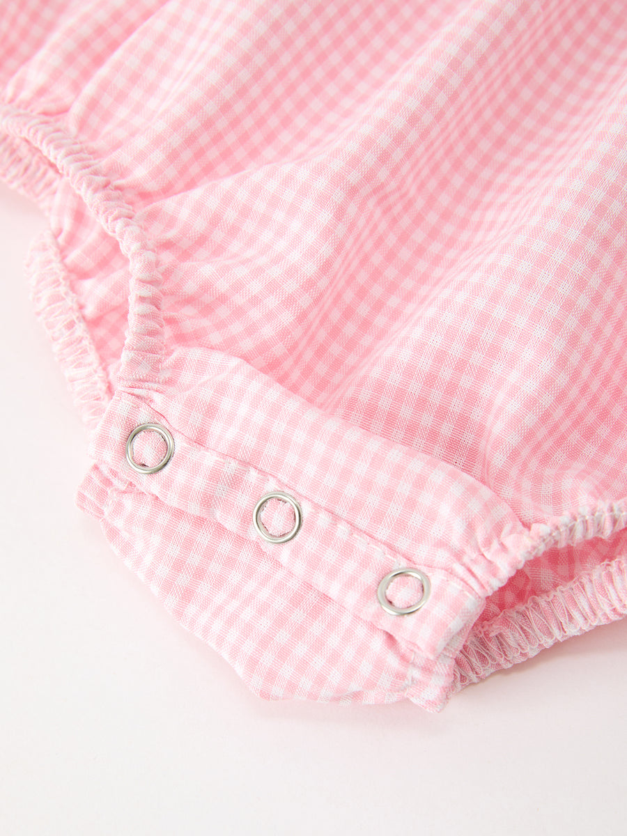 Baby Girls Pink Plaid Horse Smocked Bubble Romper with Bows