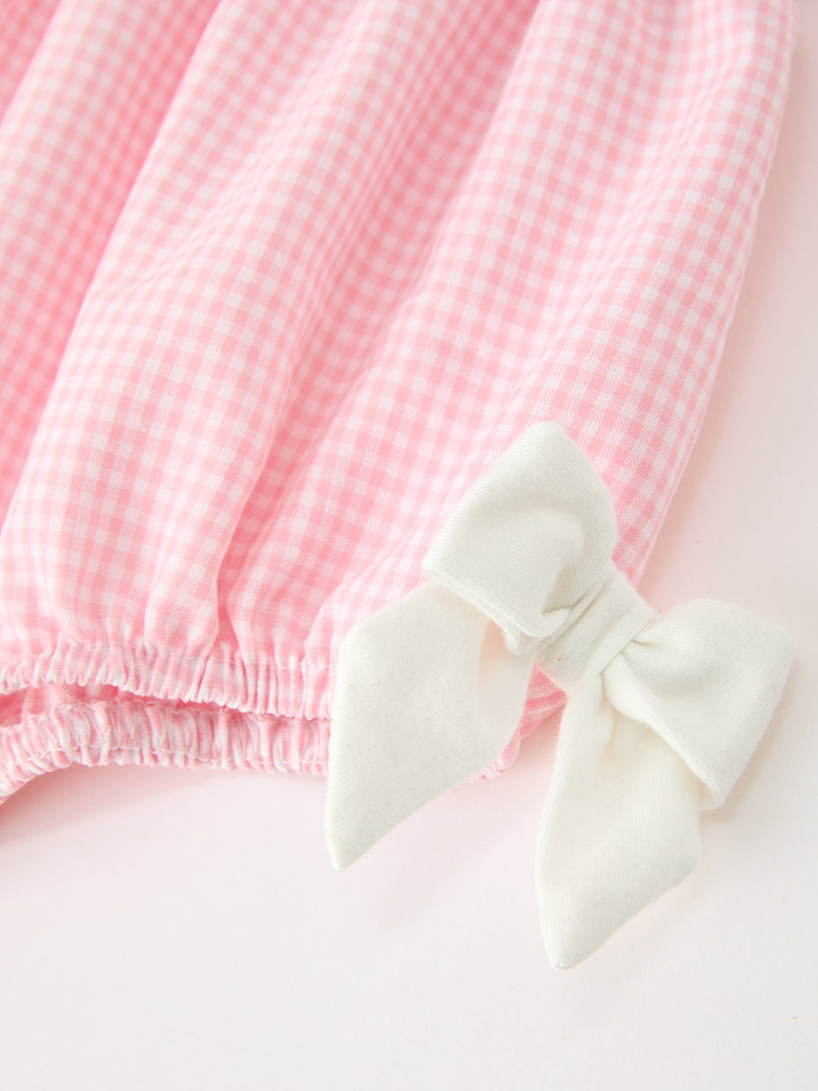 Baby Girls Pink Plaid Horse Smocked Bubble Romper with Bows