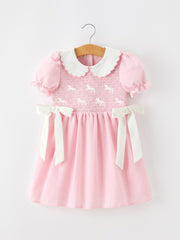 Girls Horse Smocked Pink Plaid Bow Dress