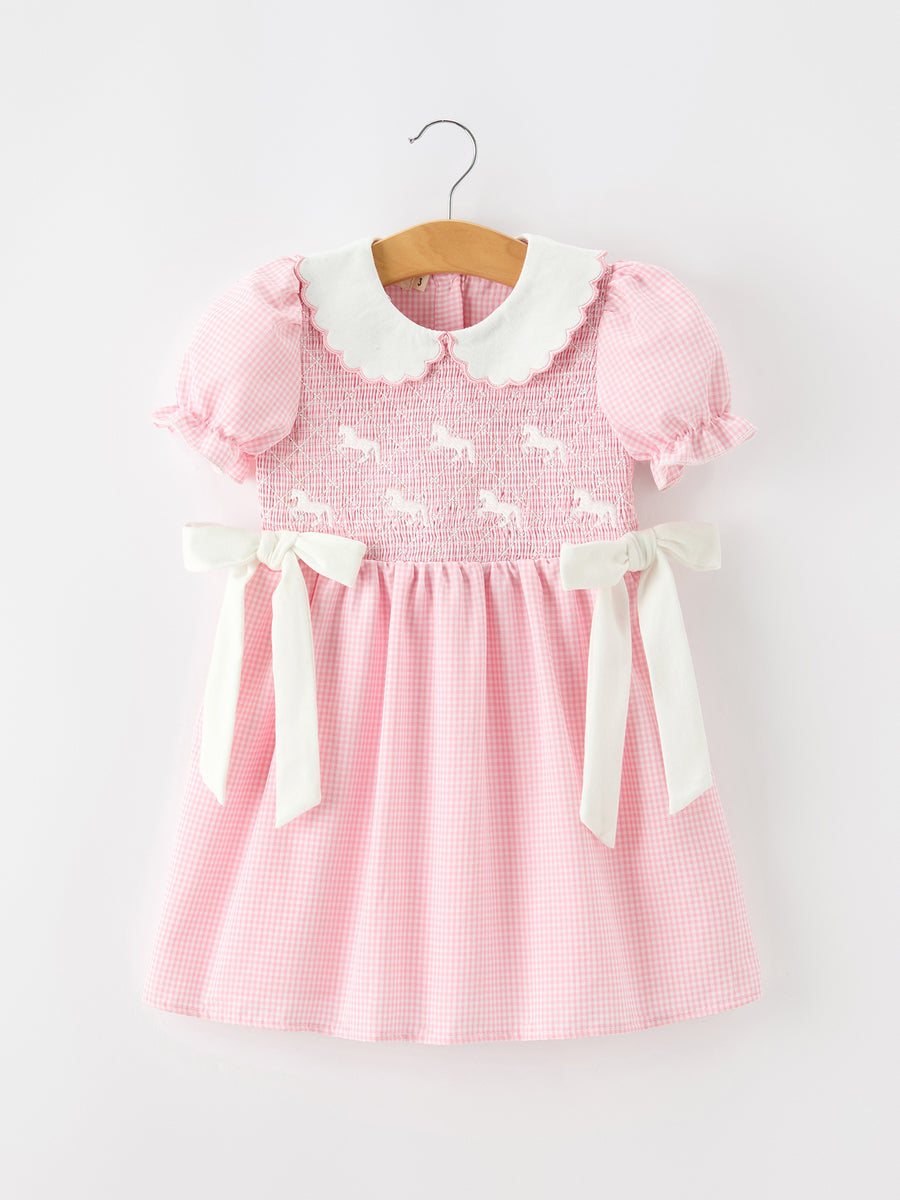 Girls Horse Smocked Pink Plaid Bow Dress