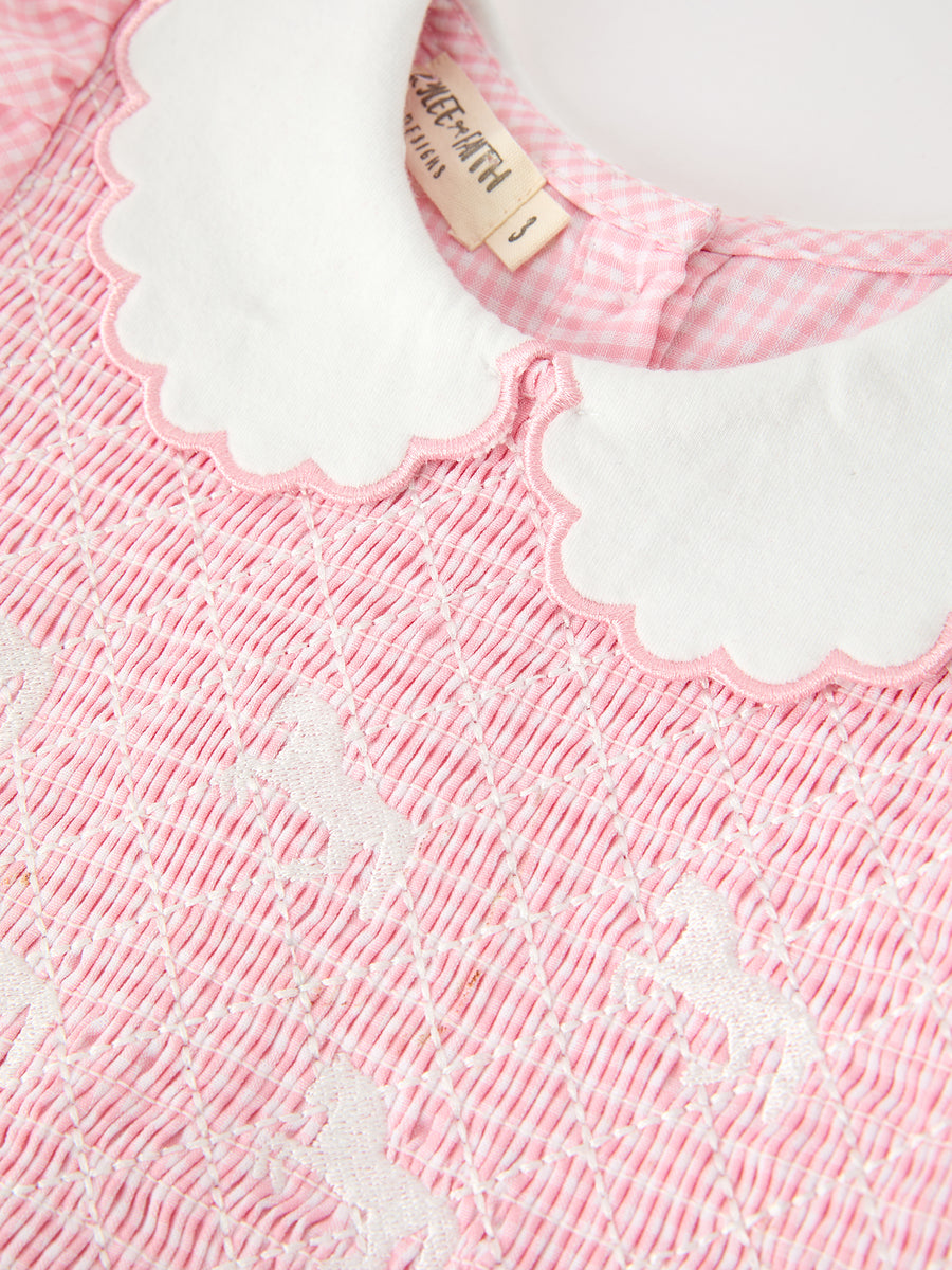 Girls Horse Smocked Pink Plaid Bow Dress
