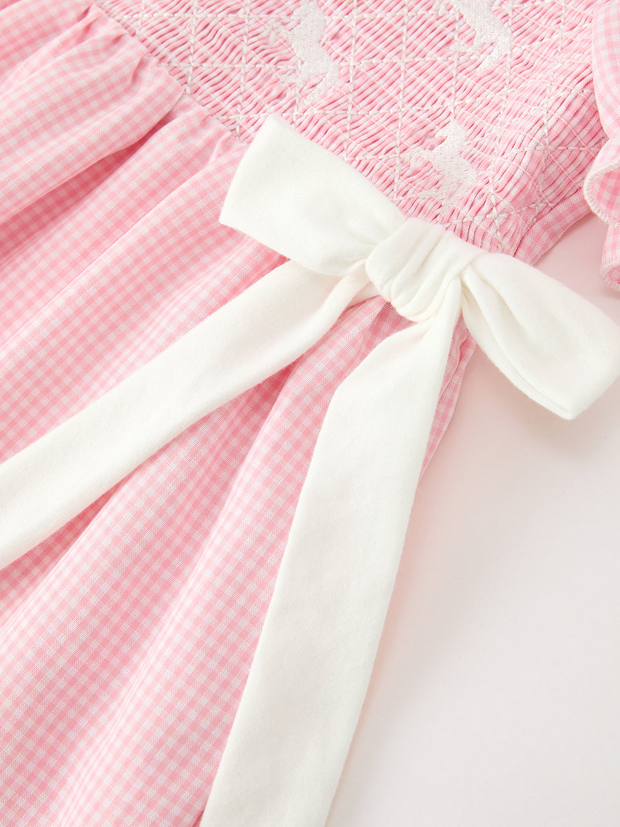 Girls Horse Smocked Pink Plaid Bow Dress