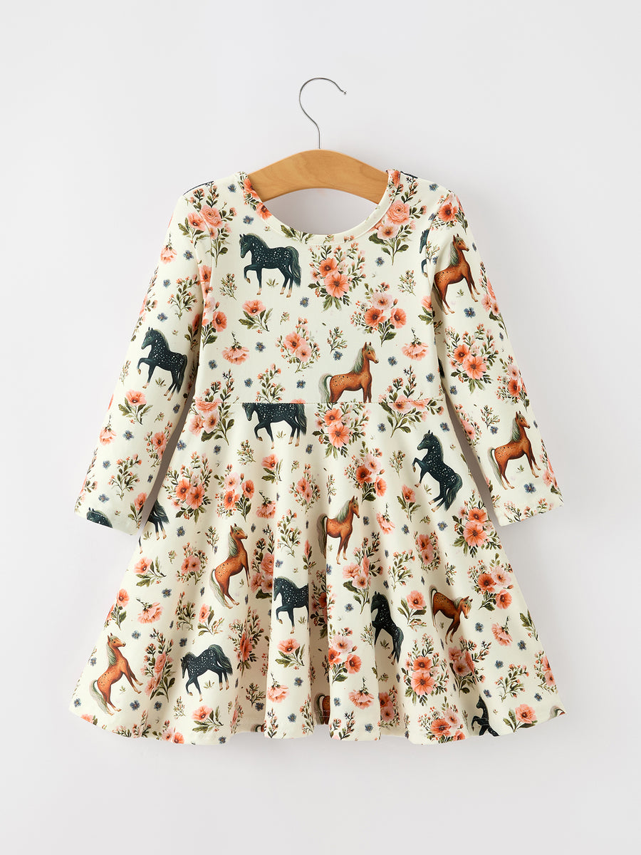 Western Floral Horse Print Girls Long Sleeve Twirl Dress