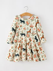 Western Floral Horse Print Girls Long Sleeve Twirl Dress