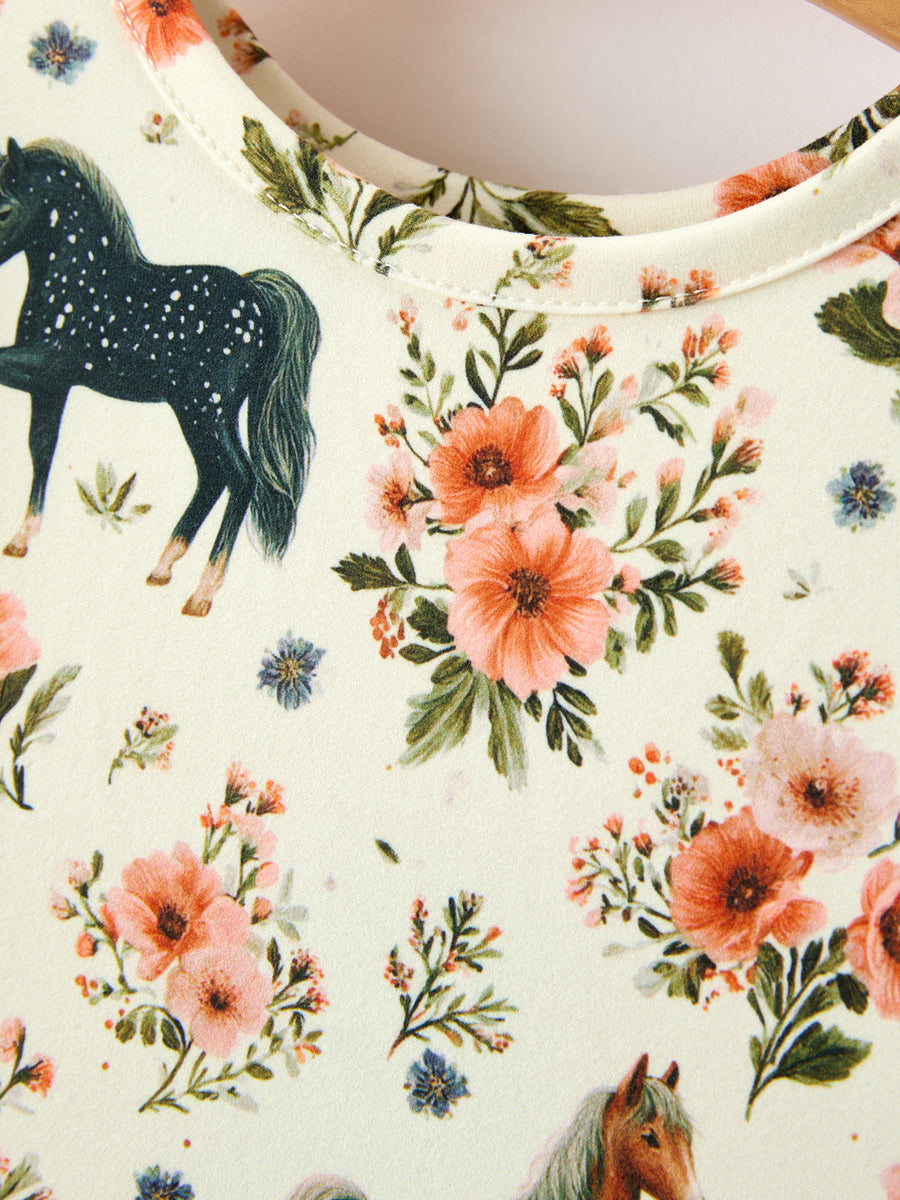 Western Floral Horse Print Girls Long Sleeve Twirl Dress