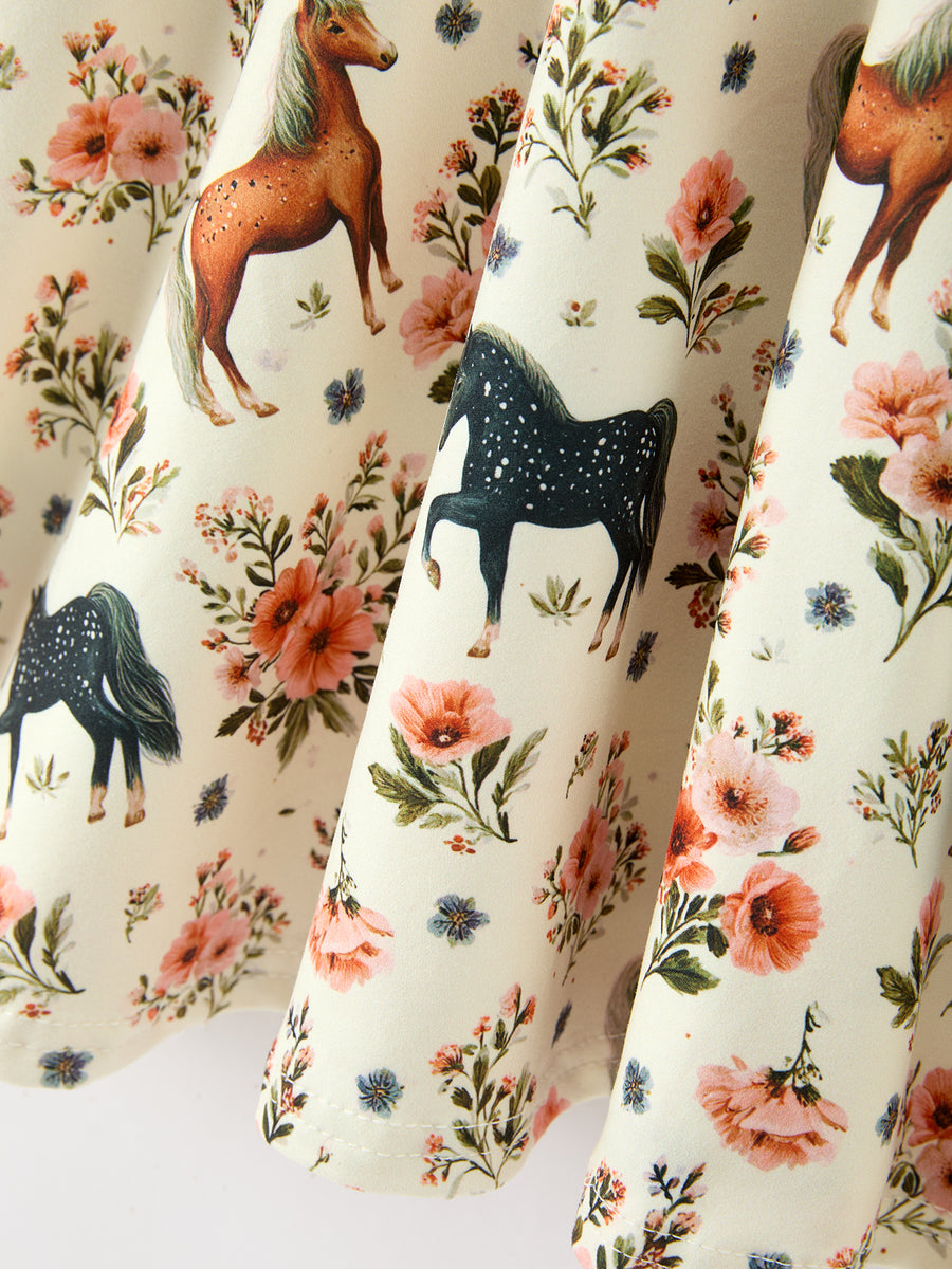 Western Floral Horse Print Girls Long Sleeve Twirl Dress