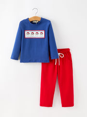 Christmas Santa Boys Blue Long Sleeve Shirt And Red Pants Set