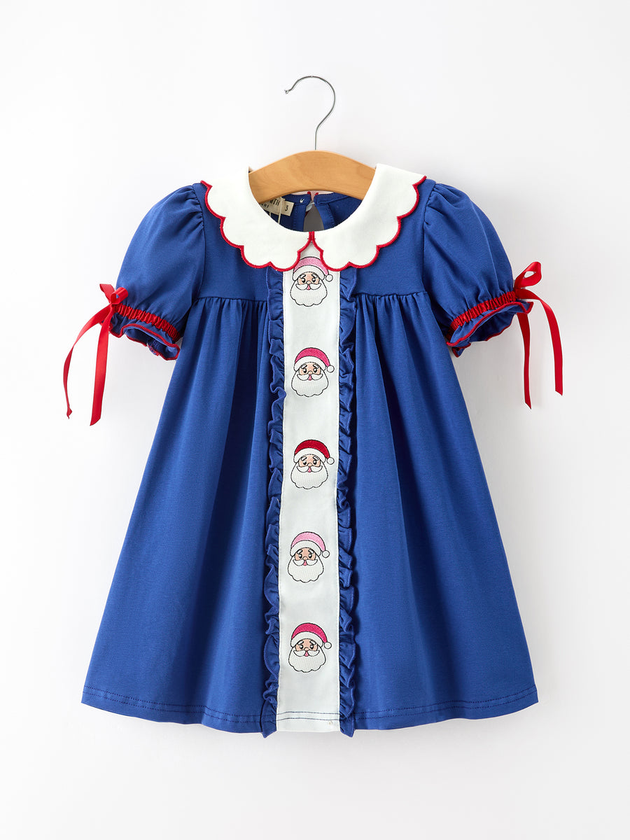 Christmas Santa Embroidery Blue Petal Collar Dress