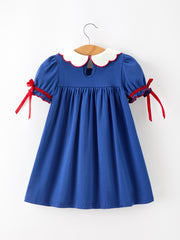 Christmas Santa Embroidery Blue Petal Collar Dress