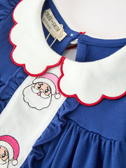 Christmas Santa Embroidery Blue Petal Collar Dress