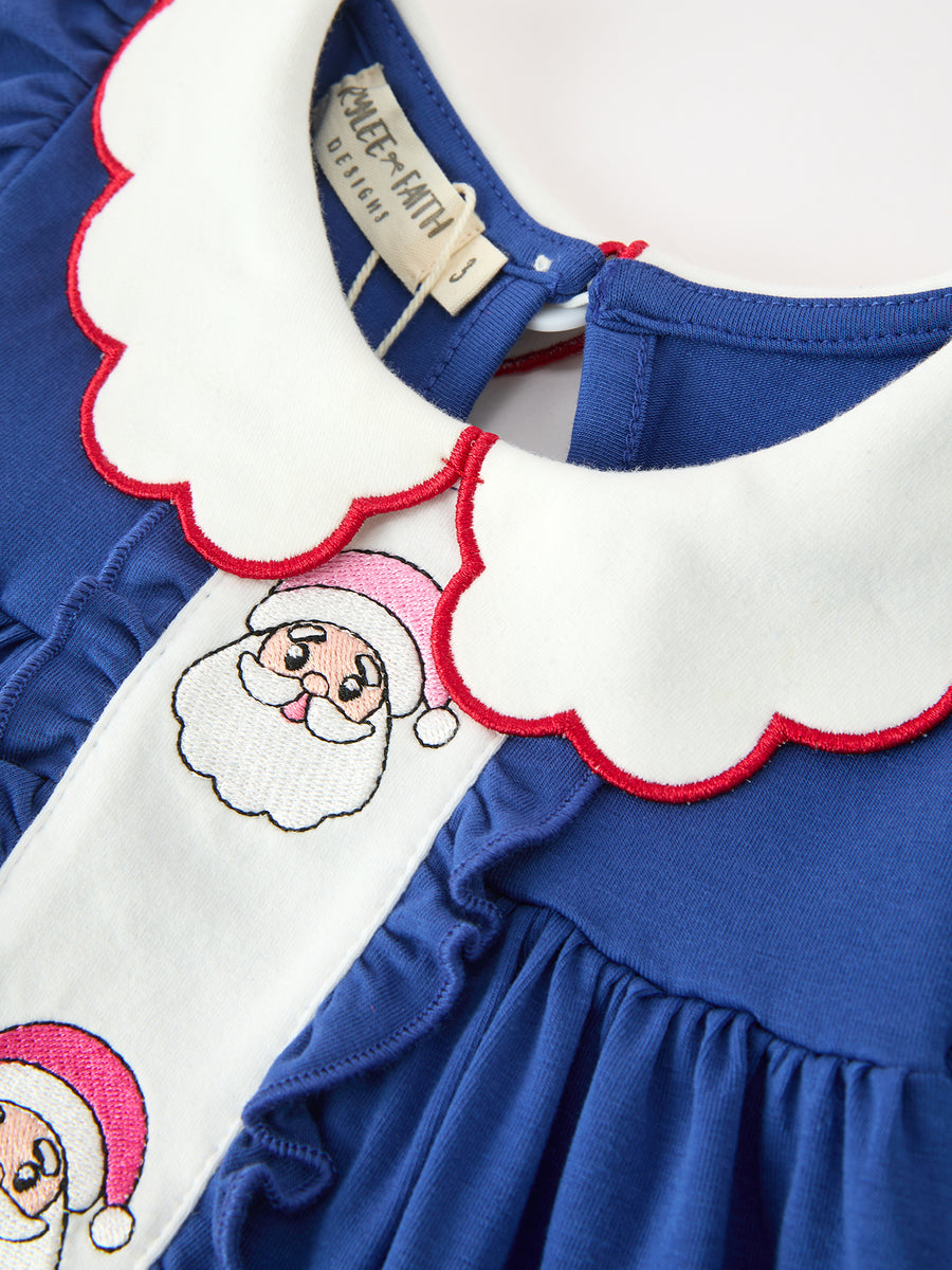 Christmas Santa Embroidery Blue Petal Collar Dress