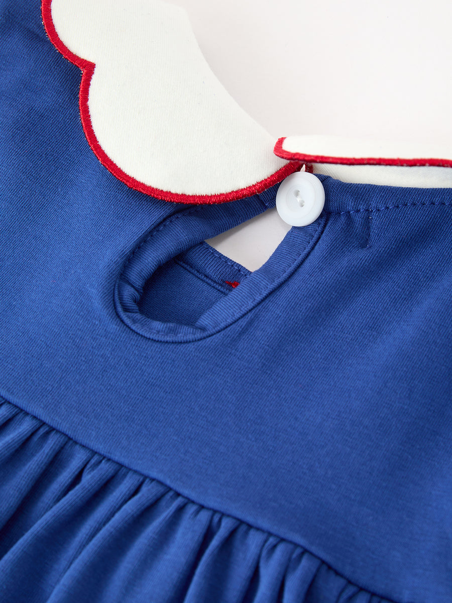 Christmas Santa Embroidery Blue Petal Collar Dress