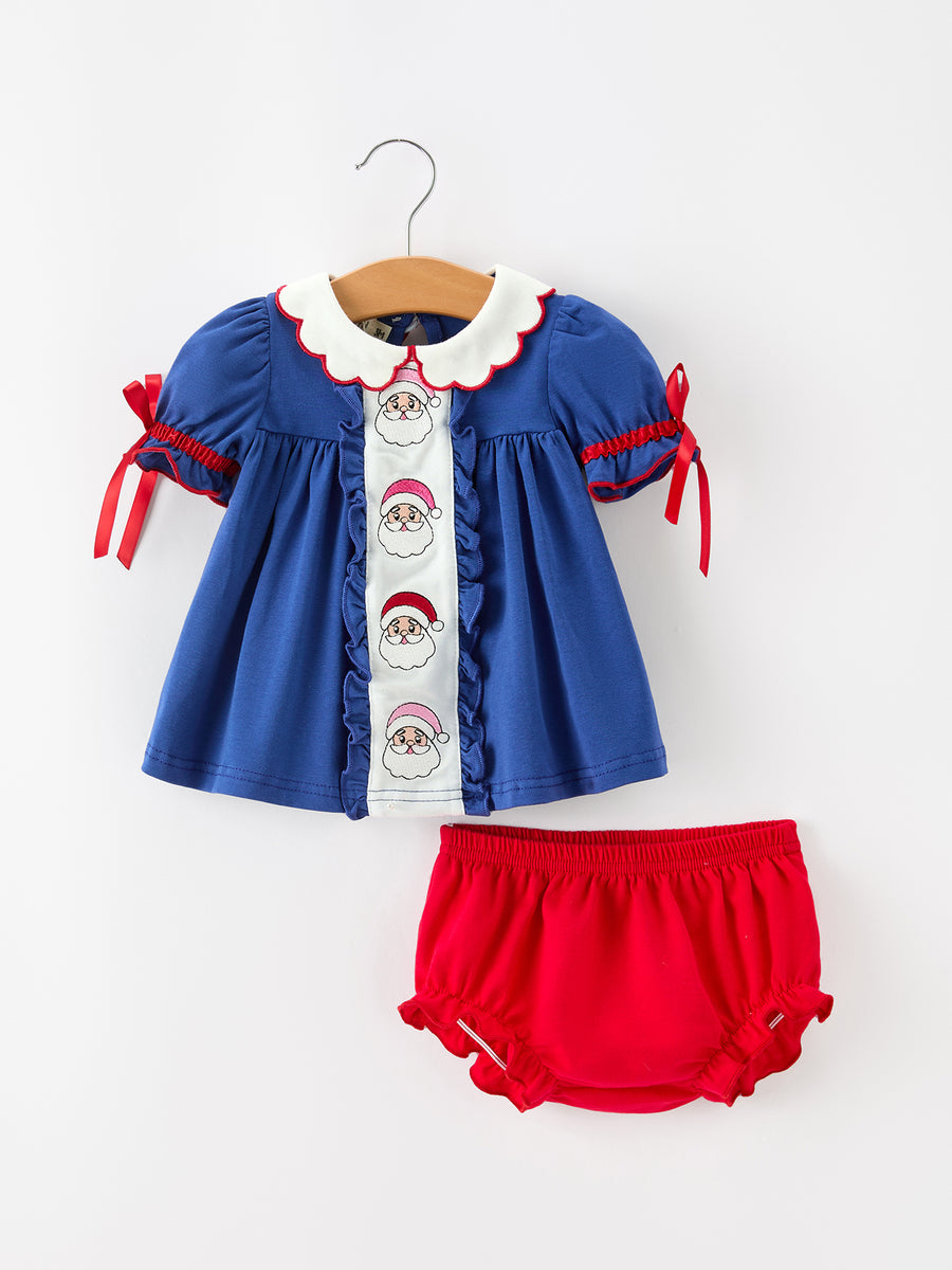 Christmas Santa Embroidery Girls Bloomer Set Peter Pan Collar