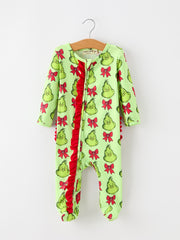 Baby Girls Green Holiday Bow Ruffle Footed Sleeper