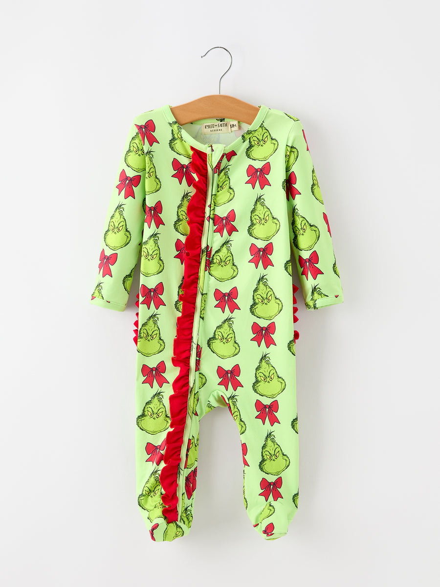 Baby Girls Green Holiday Bow Ruffle Footed Sleeper