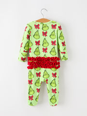 Baby Girls Green Holiday Bow Ruffle Footed Sleeper