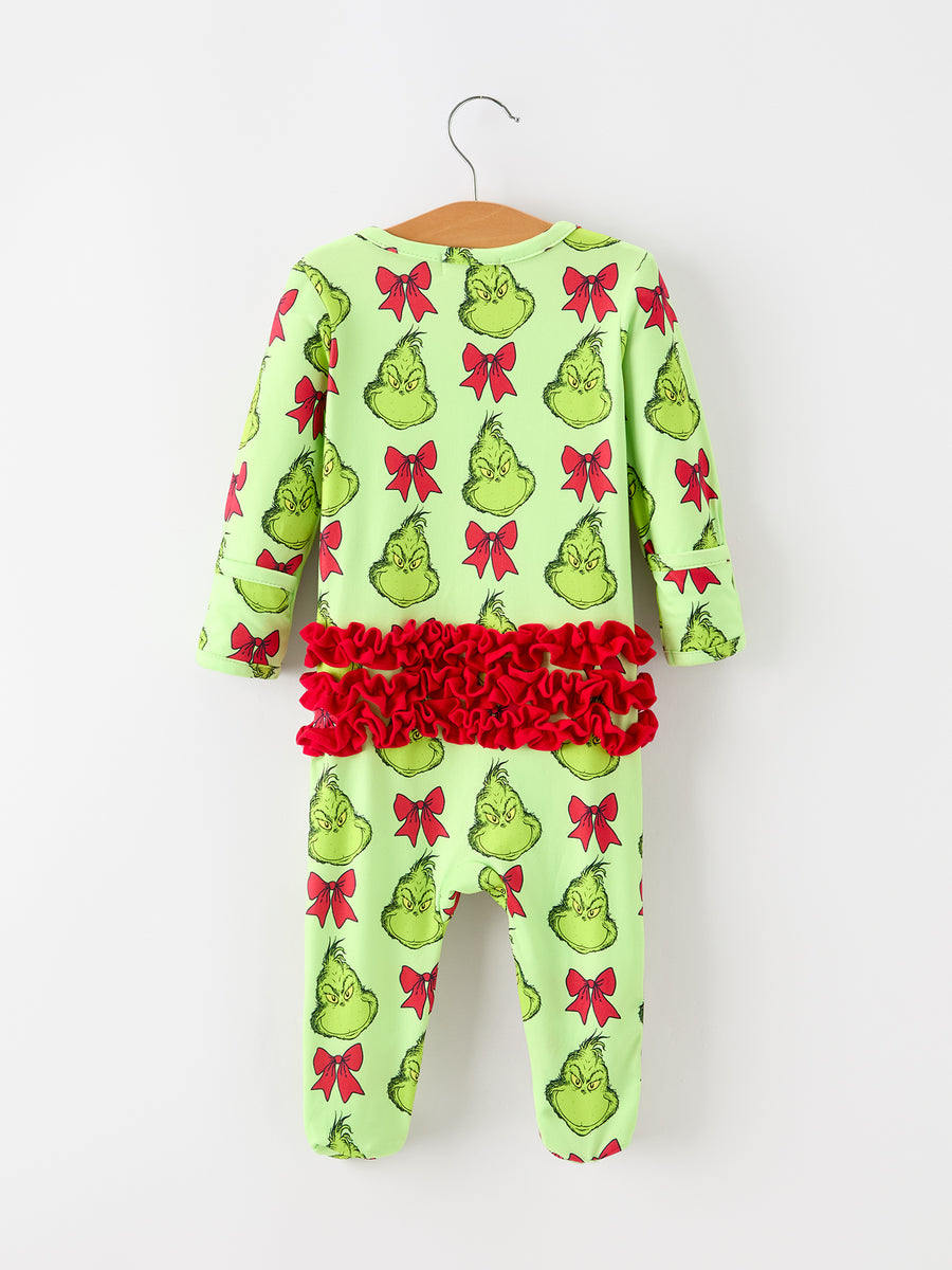 Baby Girls Green Holiday Bow Ruffle Footed Sleeper