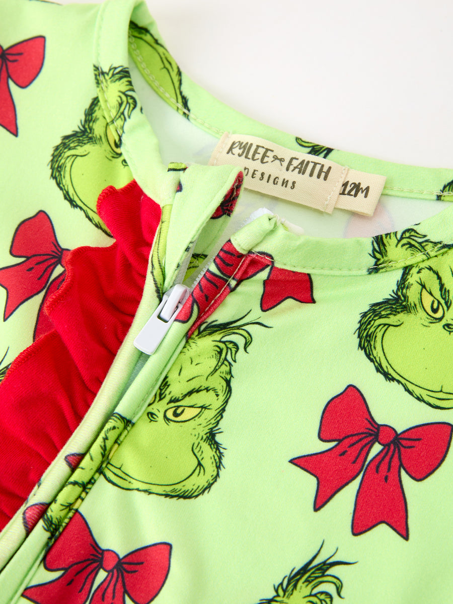 Baby Girls Green Holiday Bow Ruffle Footed Sleeper