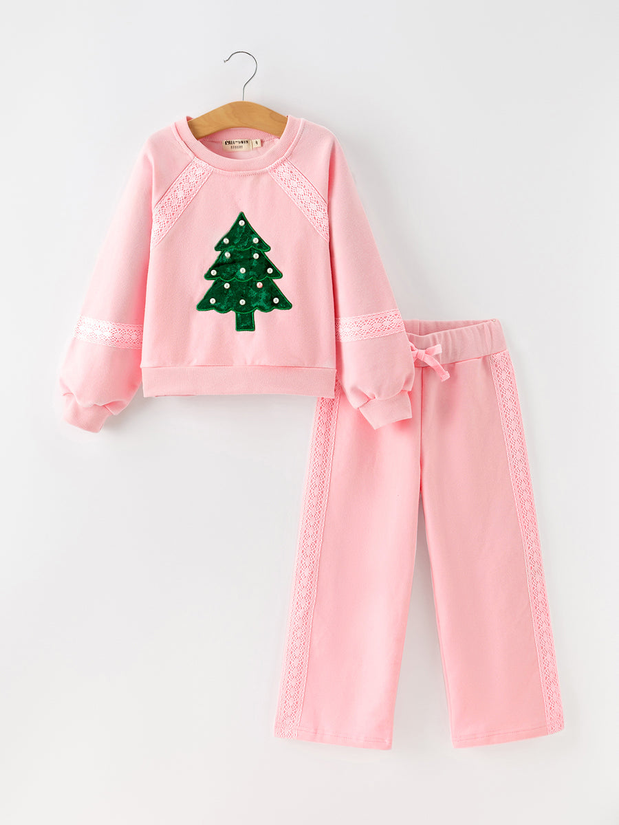 Christmas Tree Appliqué Girls Pink Sweatshirt And Pants Set