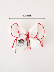 Girls' Christmas Santa Embroidered 6.25" Hair Bow – White/Pink