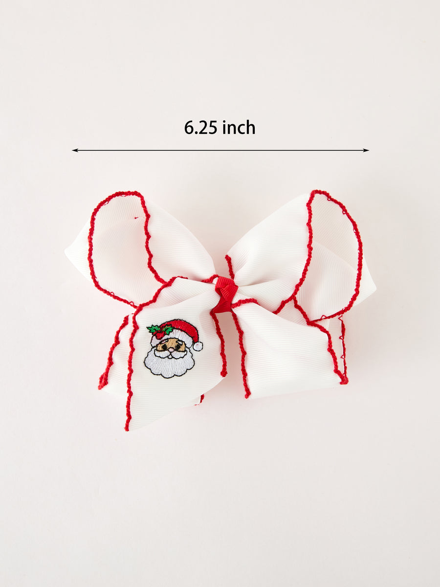 Girls' Christmas Santa Embroidered 6.25" Hair Bow – White/Pink