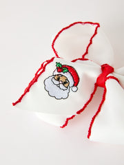 Girls' Christmas Santa Embroidered 6.25" Hair Bow – White/Pink