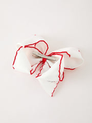 Girls' Christmas Santa Embroidered 6.25" Hair Bow – White/Pink