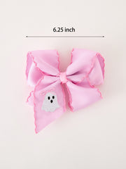 Halloween Girls Pink Ghost Embroidered 6.25" Hair Bow