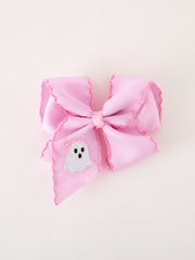 Halloween Girls Pink Ghost Embroidered 6.25" Hair Bow