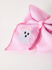Halloween Girls Pink Ghost Embroidered 6.25" Hair Bow
