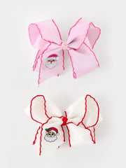 Girls' Christmas Santa Embroidered 6.25" Hair Bow – White/Pink