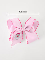 Girls' Christmas Santa Embroidered 6.25" Hair Bow – White/Pink