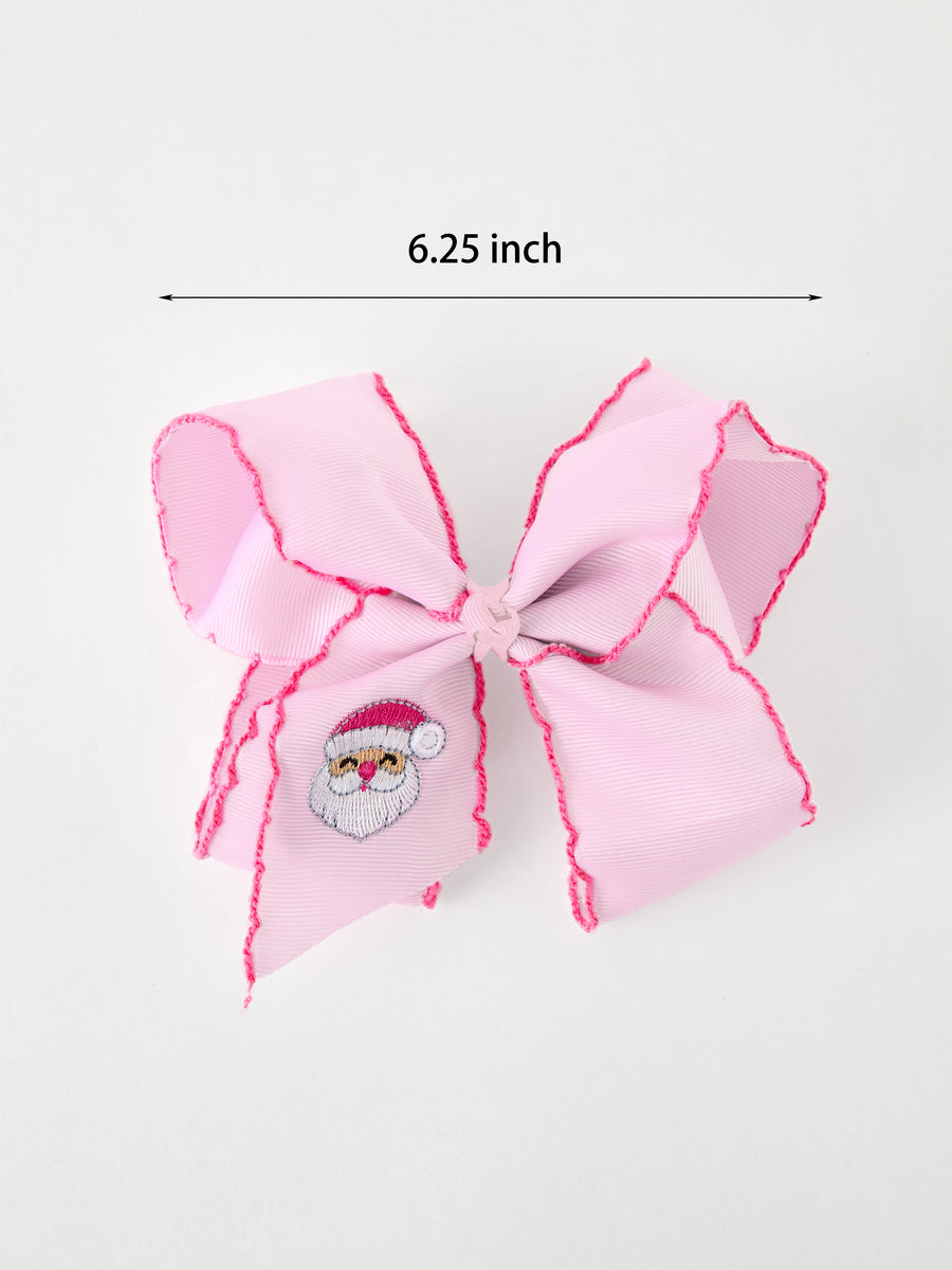 Girls' Christmas Santa Embroidered 6.25" Hair Bow – White/Pink