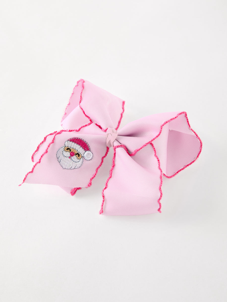 Girls' Christmas Santa Embroidered 6.25" Hair Bow – White/Pink