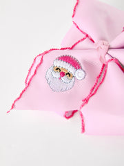 Girls' Christmas Santa Embroidered 6.25" Hair Bow – White/Pink