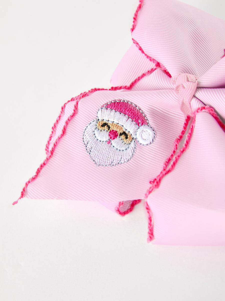 Girls' Christmas Santa Embroidered 6.25" Hair Bow – White/Pink