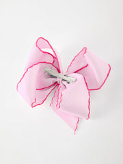 Girls' Christmas Santa Embroidered 6.25" Hair Bow – White/Pink