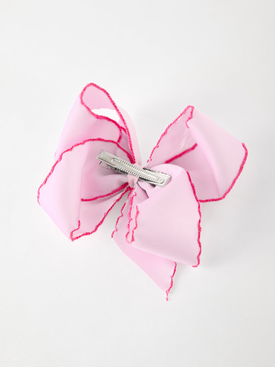 Girls' Christmas Santa Embroidered 6.25" Hair Bow – White/Pink