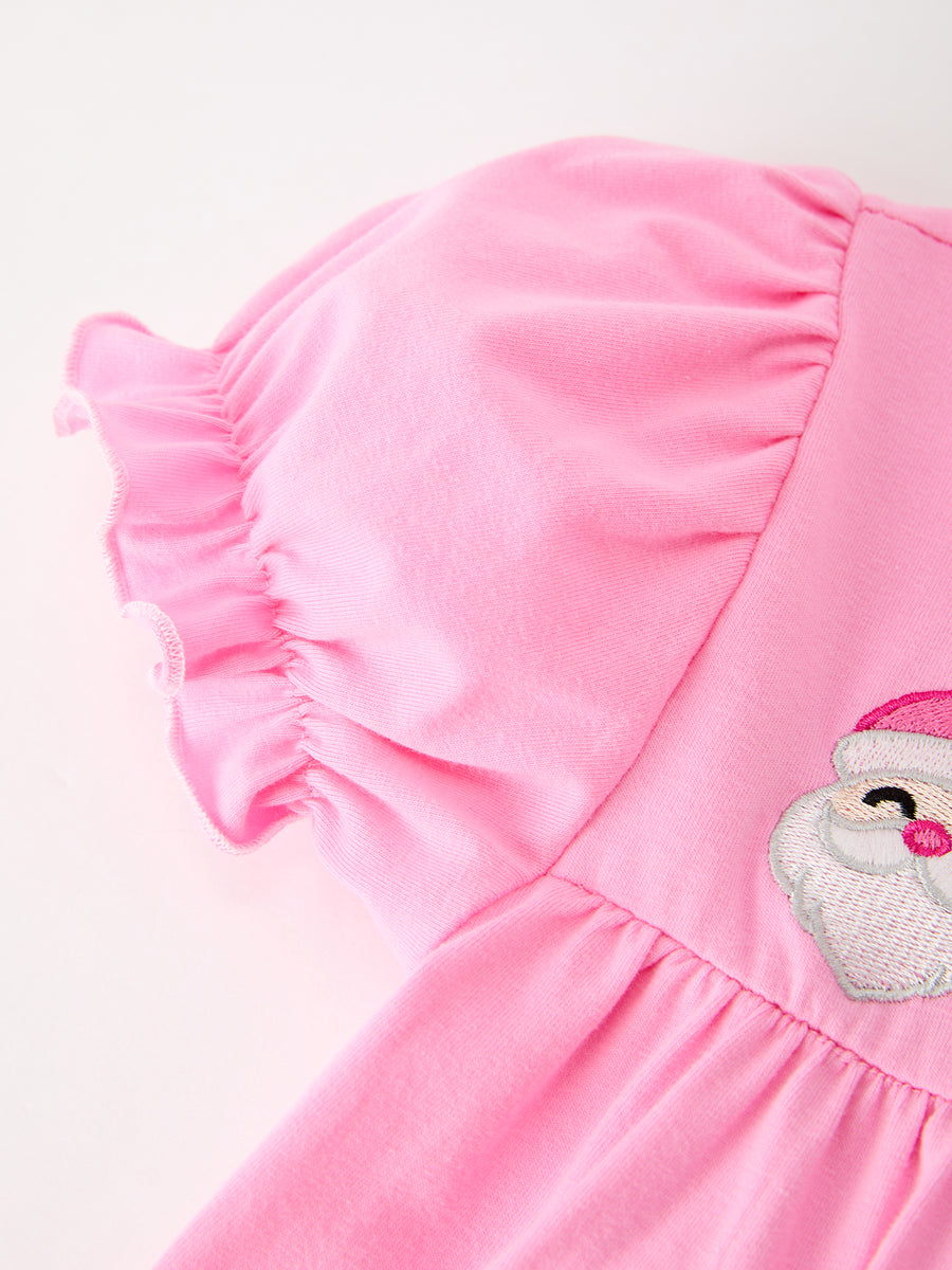 Christmas Santa Embroidery Girls Dress Ruffle Sleeve