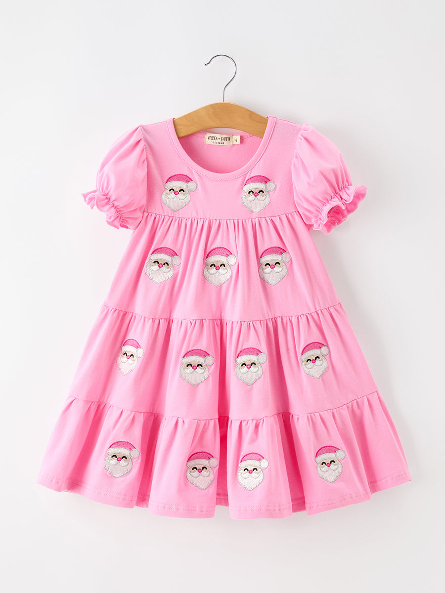 Christmas Santa Embroidery Girls Dress Ruffle Sleeve