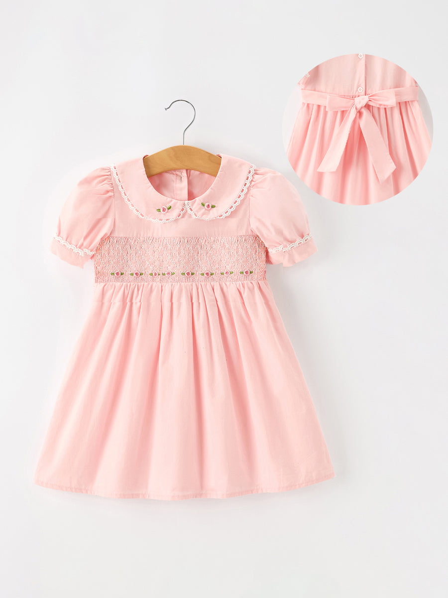 Fall Girls Pink Floral Embroidered Smocked Peter Pan Collar Dress