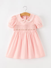 Fall Girls Pink Floral Embroidered Smocked Peter Pan Collar Dress