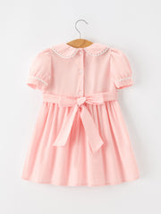 Fall Girls Pink Floral Embroidered Smocked Peter Pan Collar Dress
