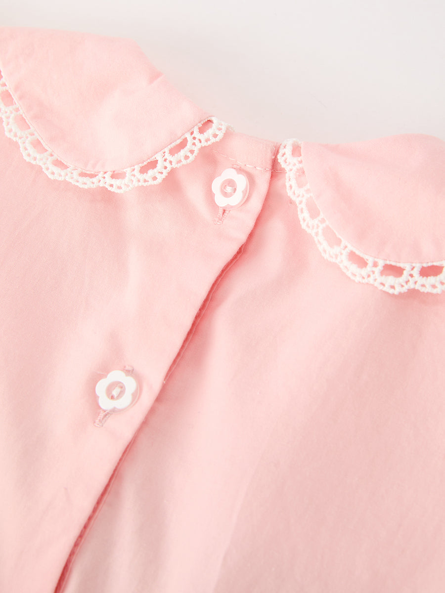Fall Girls Pink Floral Embroidered Smocked Peter Pan Collar Dress