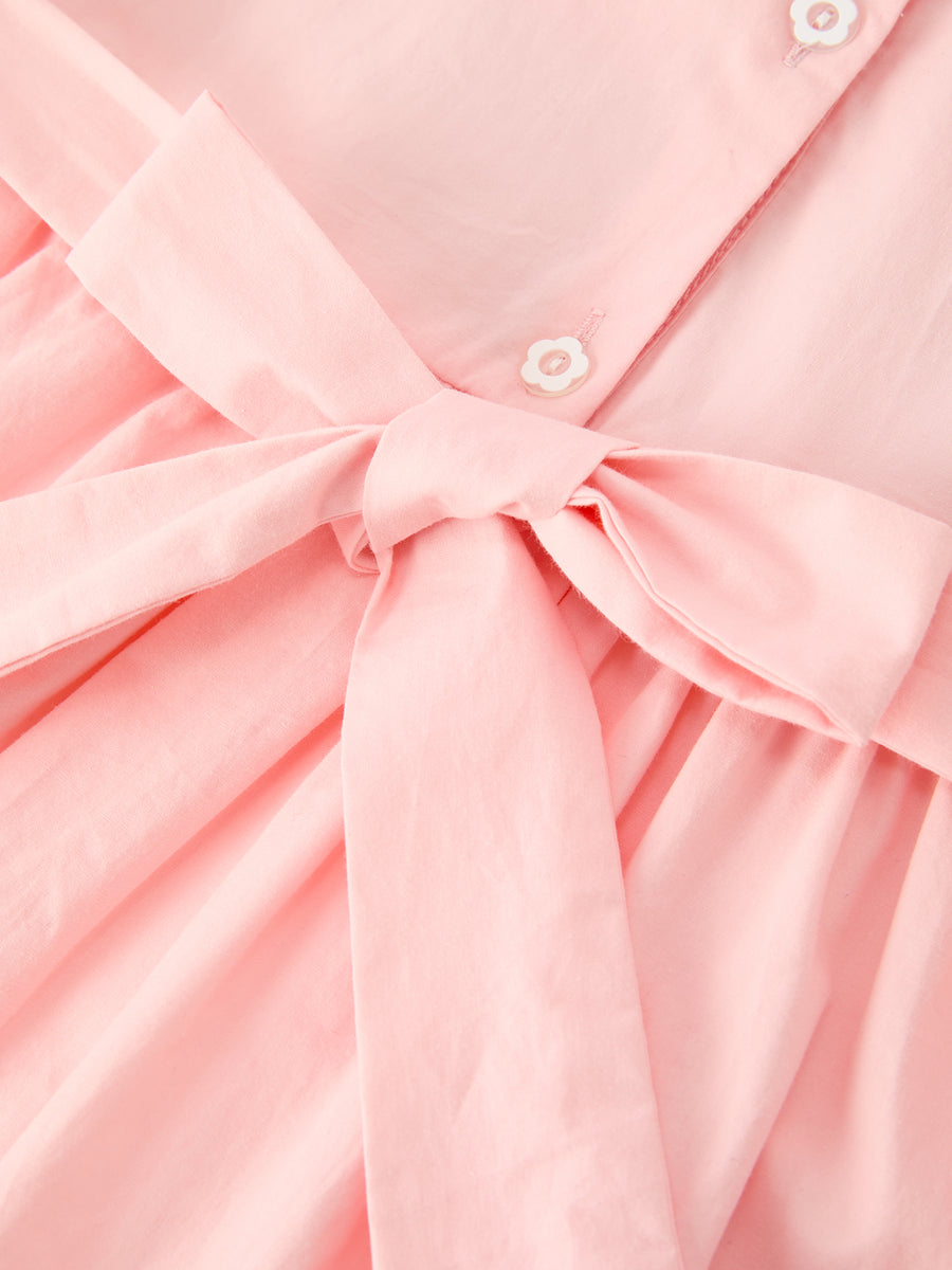 Fall Girls Pink Floral Embroidered Smocked Peter Pan Collar Dress