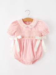 Fall Baby Girls Pink Floral Embroidered Smocked Bow Bubble Romper