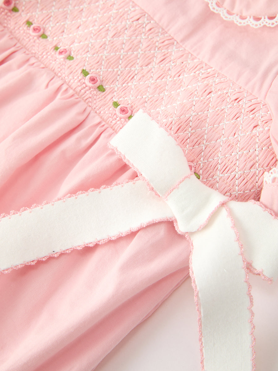 Fall Baby Girls Pink Floral Embroidered Smocked Bow Bubble Romper