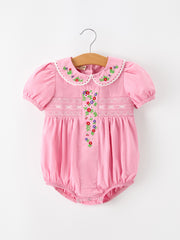 Baby Girls FALL Pink Floral Embroidered Smocked Bubble Romper