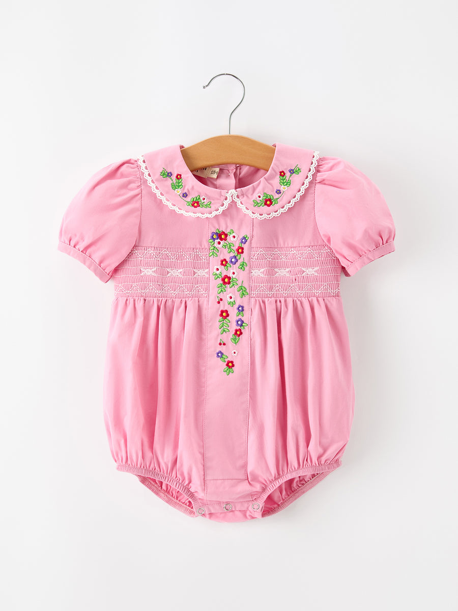 Baby Girls FALL Pink Floral Embroidered Smocked Bubble Romper