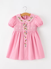 Fall Girls Pink Floral Embroidered Smocked Peter Pan Collar Dress